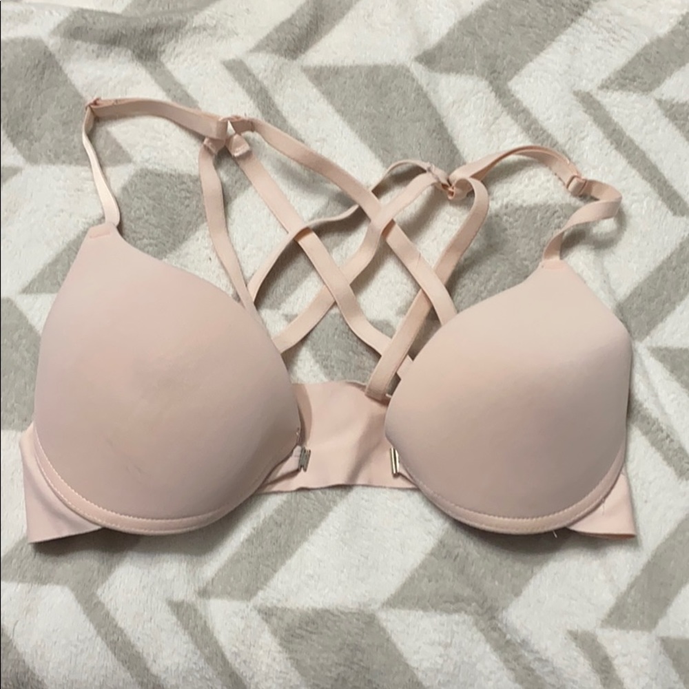 Light pink front hook crisscross back bra